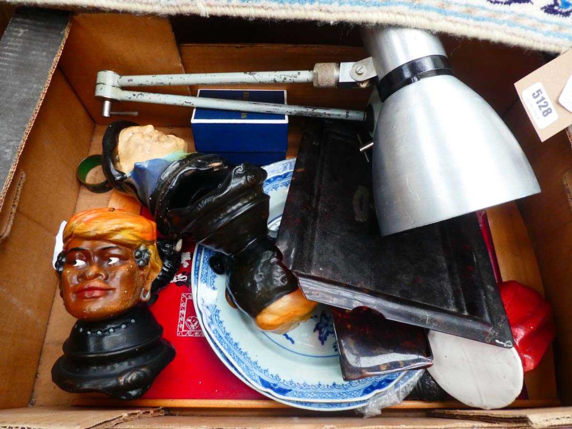 (2) (3) Box containing adjustable lights, figural money boxes etc.