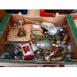 Tray of pewter silver plated ware, brass etc