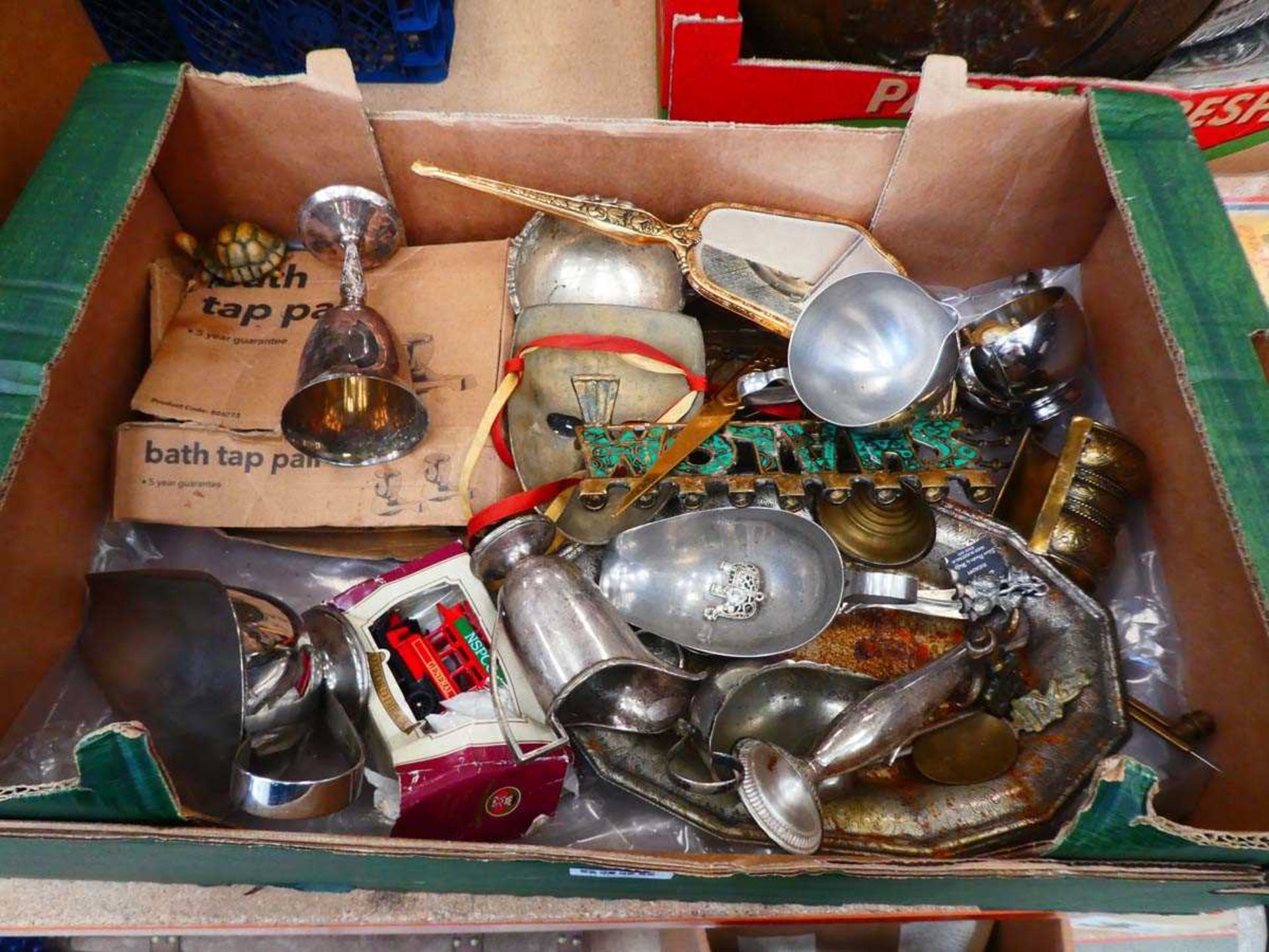 Tray of pewter silver plated ware, brass etc