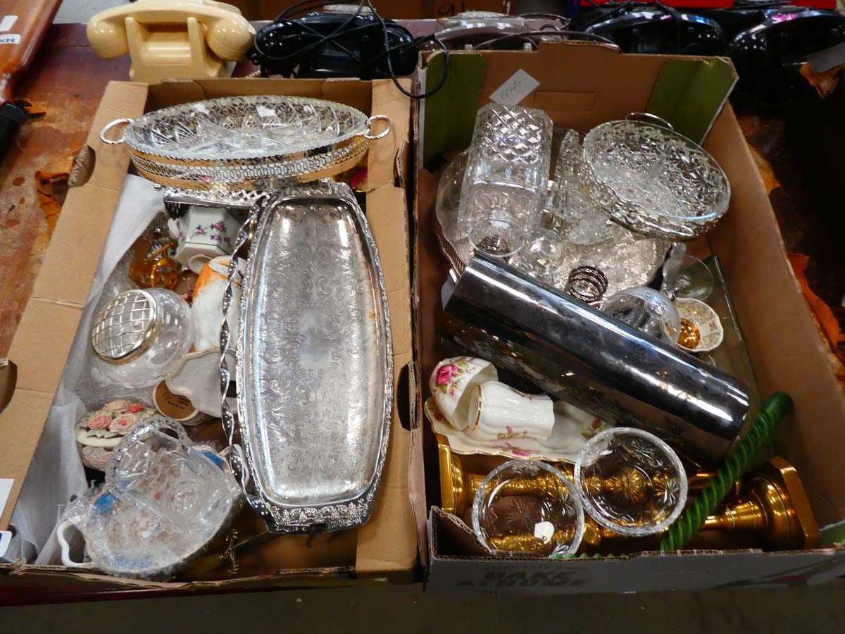 2 trays of silver plated wares, brass, ceramics etc