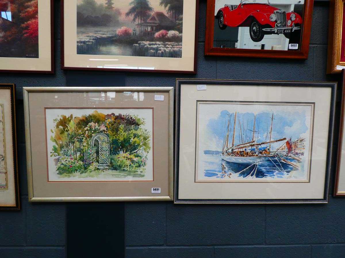 Two Tom King watercolours, yachts in harbour, plus country garden