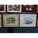 Two Tom King watercolours, yachts in harbour, plus country garden