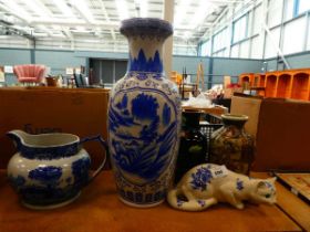 +VAT Blue and white vase, blue and white jug, similar cat and 2 further vases
