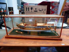 Oak cased display cabinet with galleon model