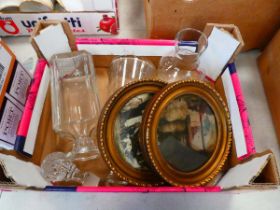 Box of glassware and pair of prints in circular gilt frames