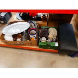 Boxed trumpet together with tea caddy and 2 boxes of assorted ceramics