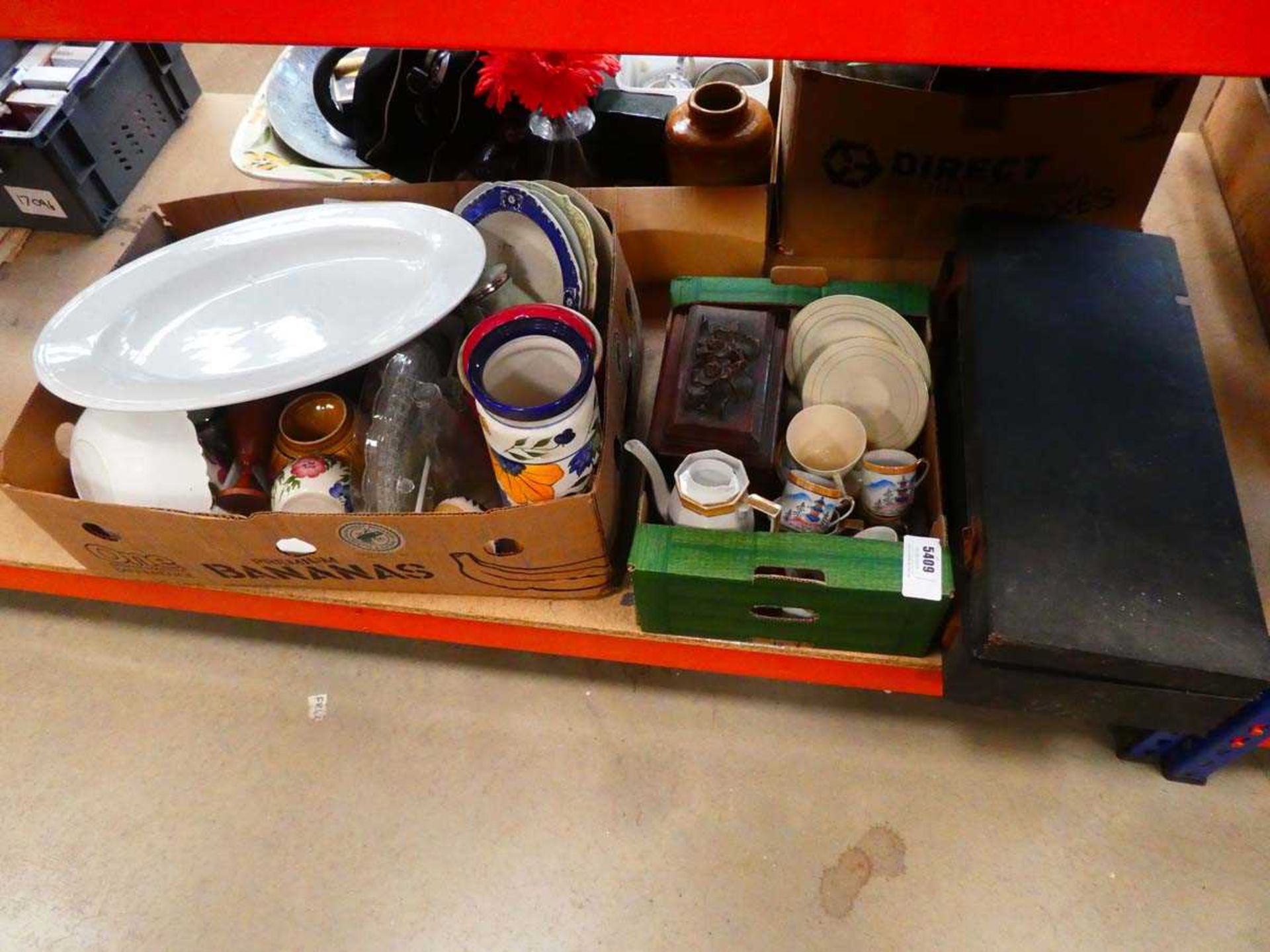 Boxed trumpet together with tea caddy and 2 boxes of assorted ceramics