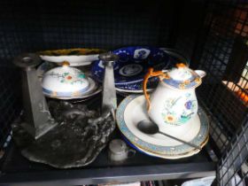 Cage containing pewter candlesticks, blue and white and other plates plus a dish and teapot