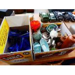 2 boxes containing model of dog, blue glassware, carnival glass, stoneware flagons etc