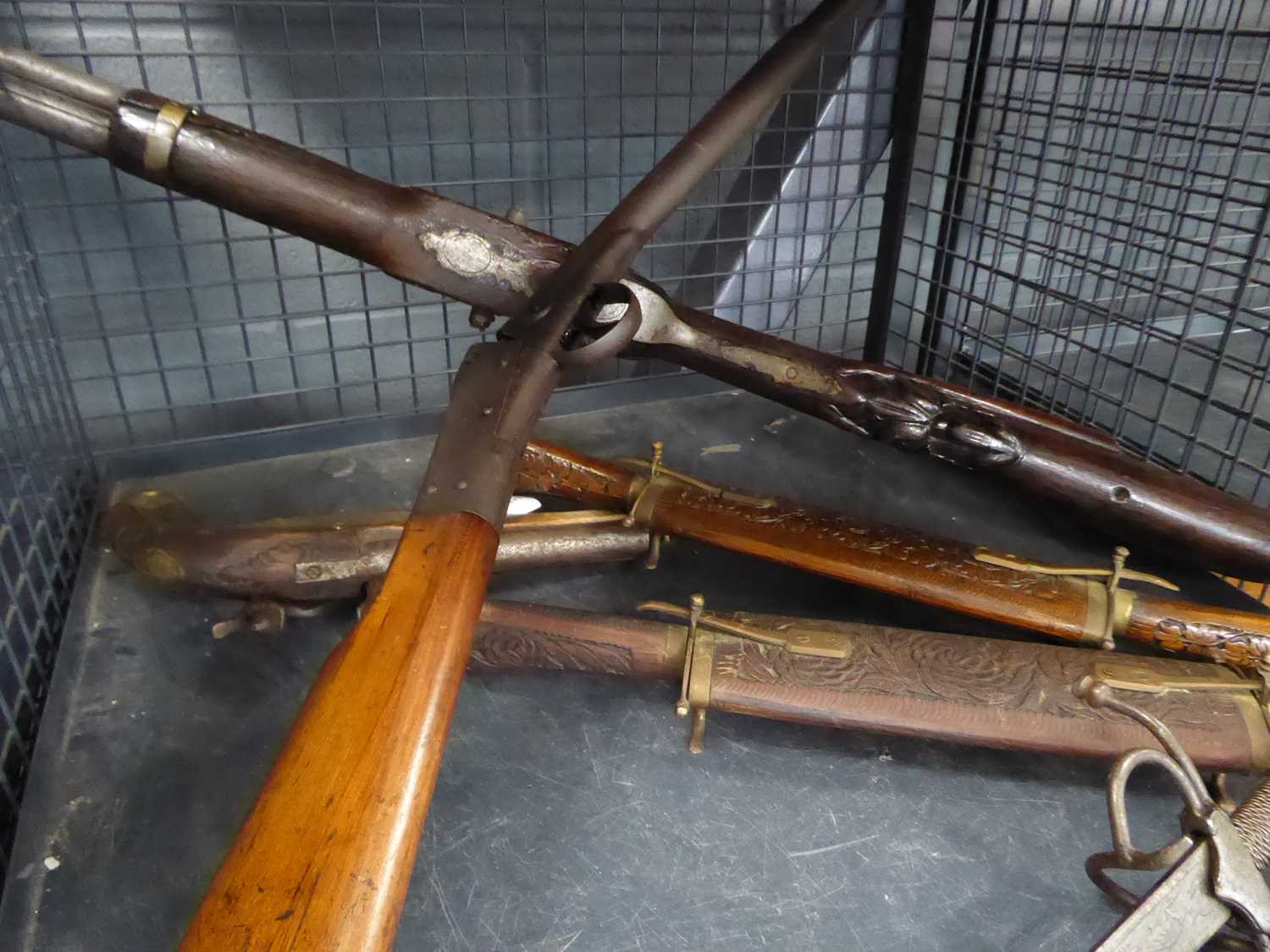 Milbro tinplate air rifle, coach gun (missing lock), pistol and three various Eastern knives - Image 6 of 6