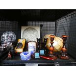 Cage containing chinoiserie lamp, candlesticks, gavel, toy figures etc