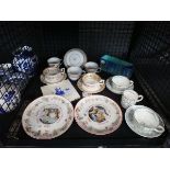 Cage containing various cups and saucers plus Wedgwood Christmas plates