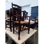 Two 18th century elm dining chairs, with a ladderback chair and parlour chair