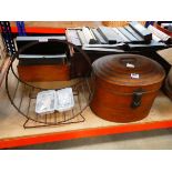 Large hat box together with metal wares coal stand and 2 boxes of trading cards