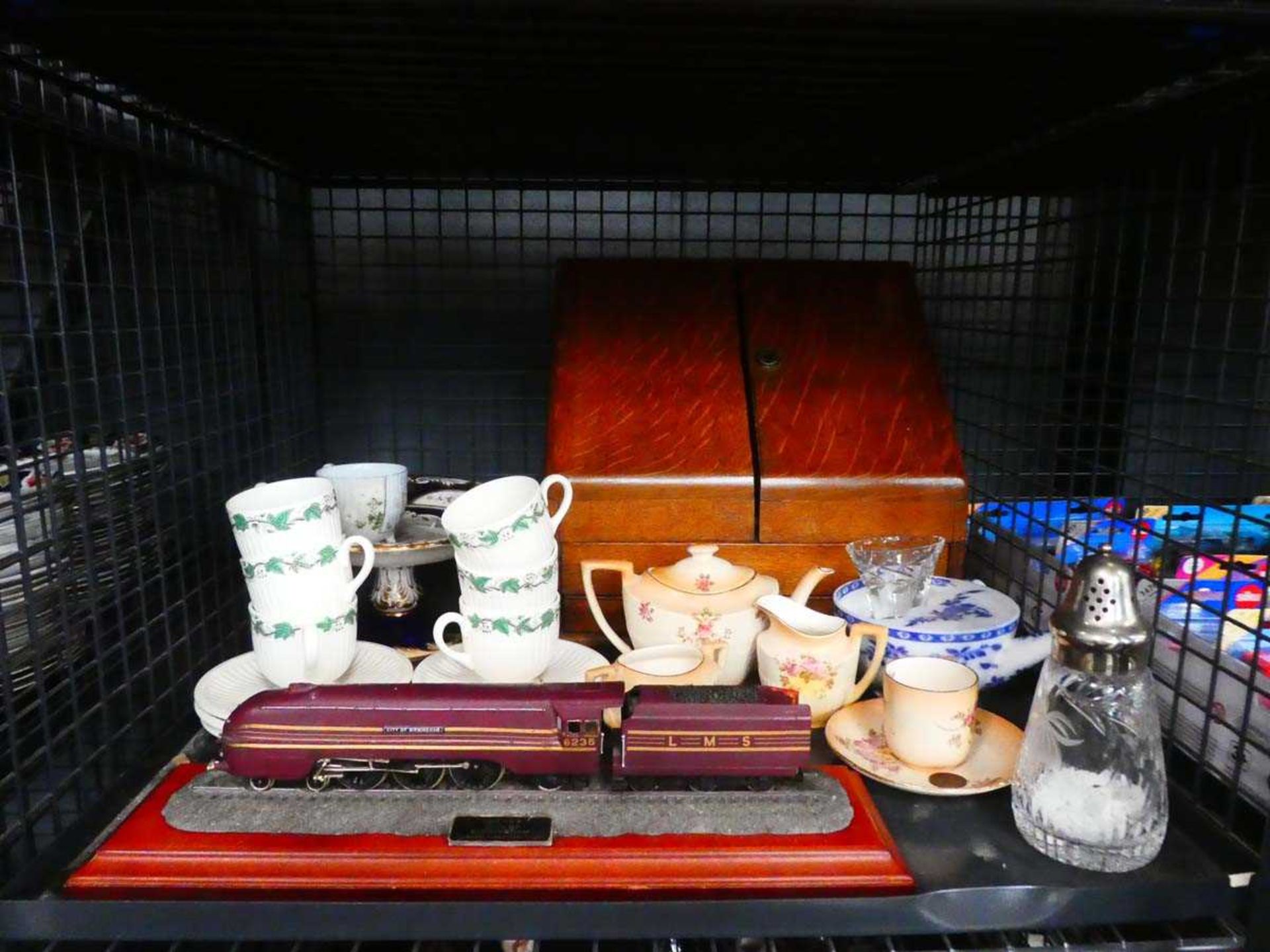 Cage containing Victorian desk box, various ceramics, glass and static engine