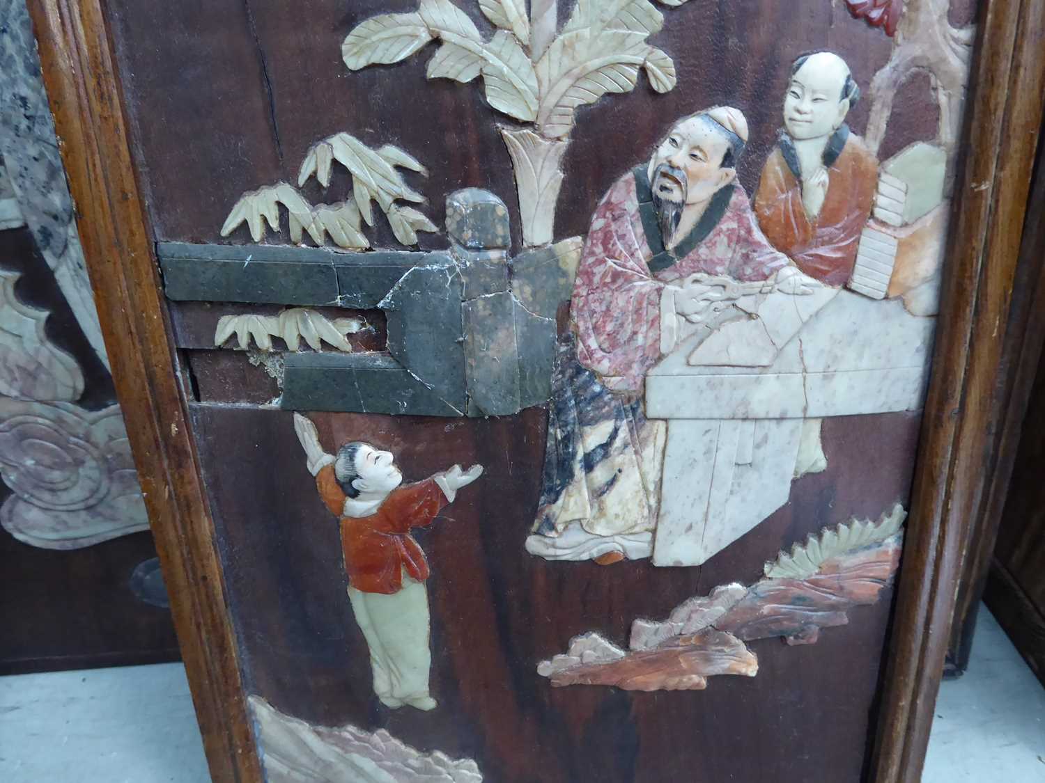 A Chinese Export panel decorated with figures inlaid with hardstones, 62 x 45 cm, together with - Image 7 of 12