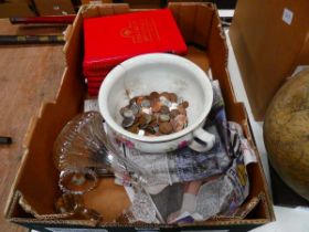 Tray of children's Britannica coins, glass etc