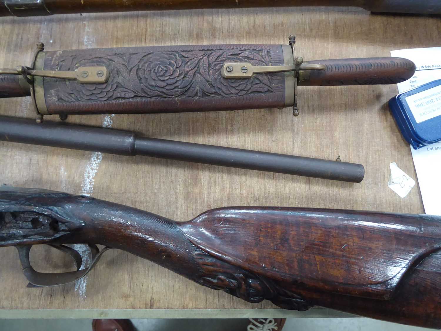 Milbro tinplate air rifle, coach gun (missing lock), pistol and three various Eastern knives - Image 3 of 6