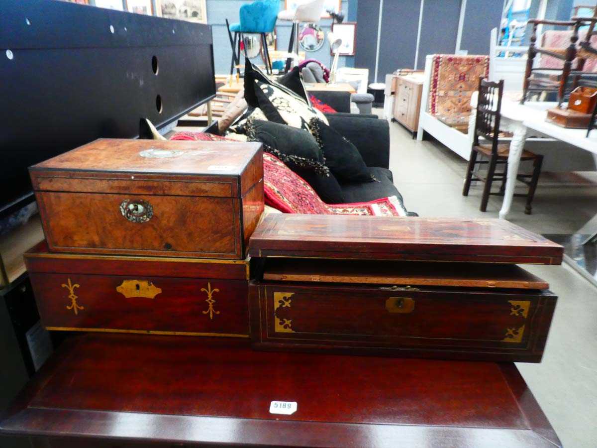 2 Victorian rosewood writing slopes and a walnut box Overall condition is poor particularly poor