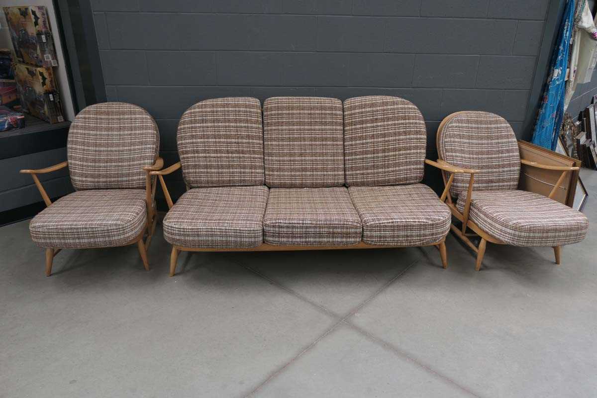 Ercol three seater sofa plus a pair of matching armchairs - Image 2 of 2