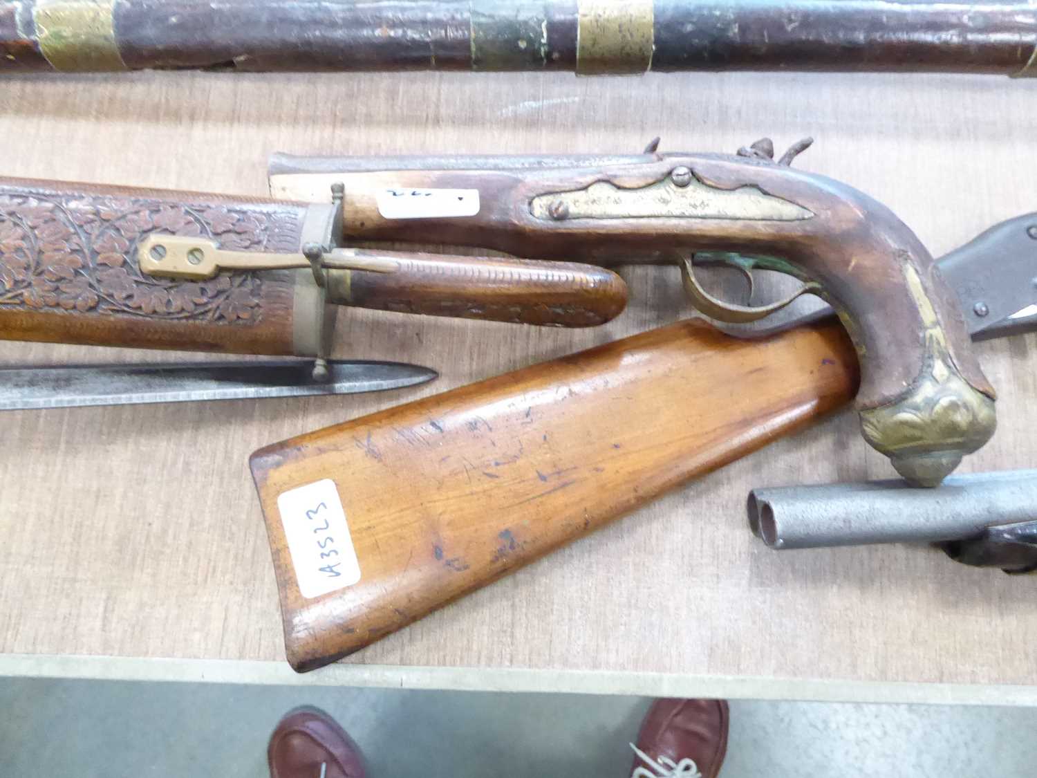 Milbro tinplate air rifle, coach gun (missing lock), pistol and three various Eastern knives - Image 5 of 6