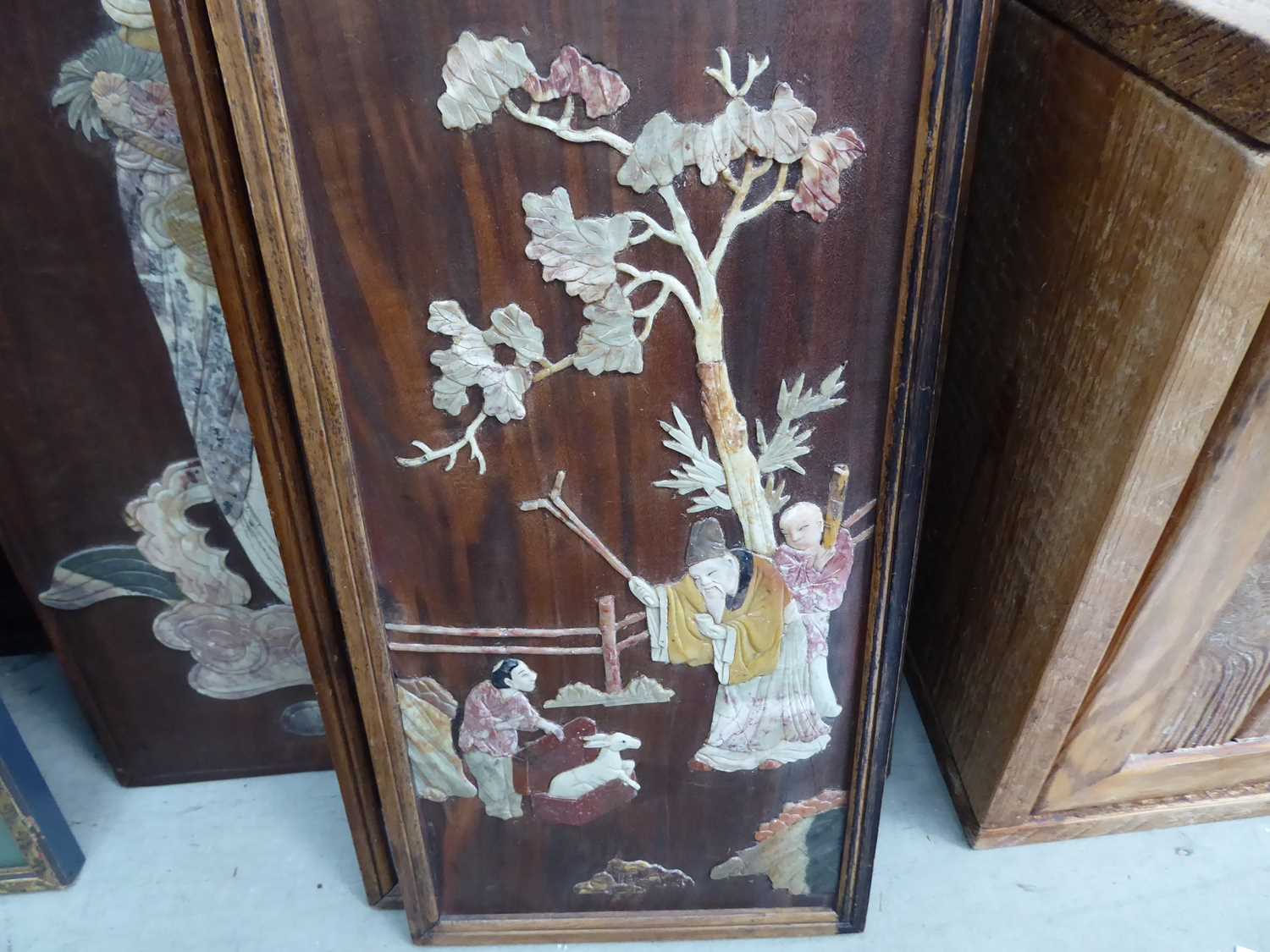 A Chinese Export panel decorated with figures inlaid with hardstones, 62 x 45 cm, together with - Image 5 of 12