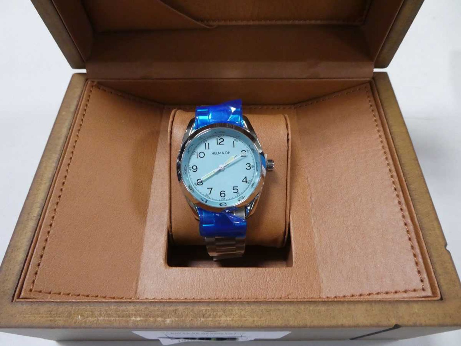 +VAT Boxed Helma DH men's wristwatch with blue face and steel strap - Image 2 of 2