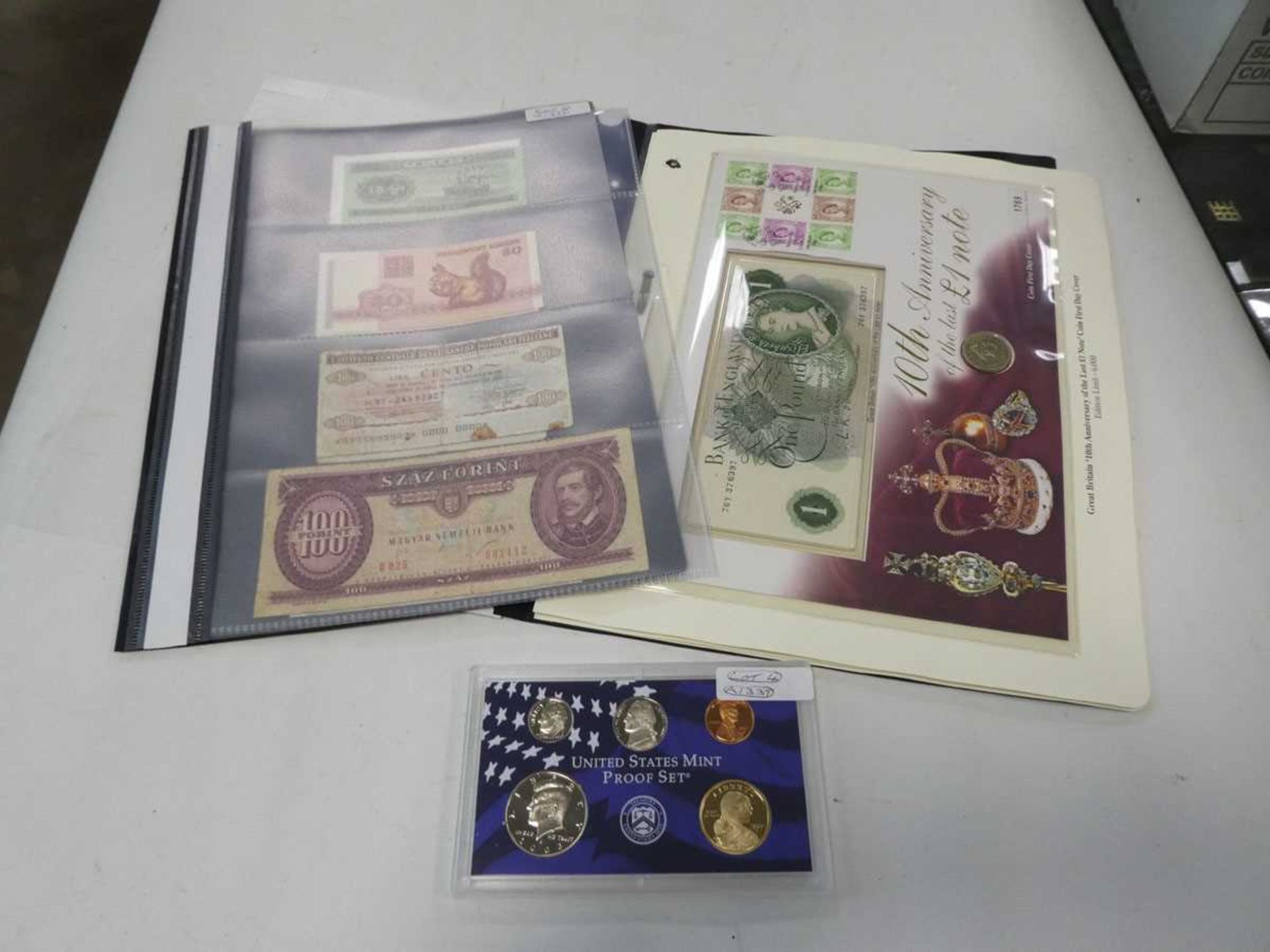 (4) Folder of bank notes and folder of coins and US Mint proof coins