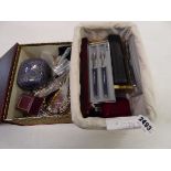 Box containing various pens, costume jewellery etc.