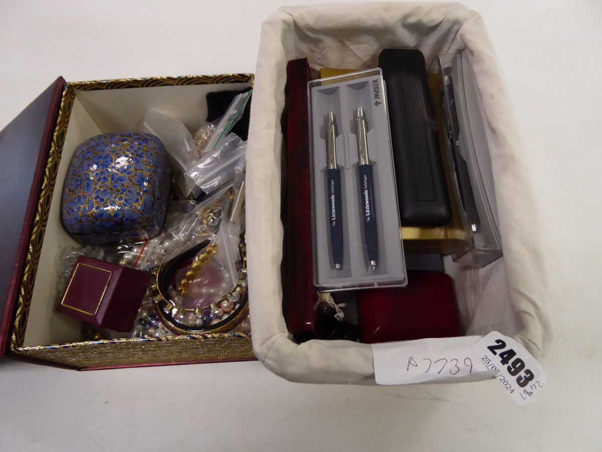 Box containing various pens, costume jewellery etc.