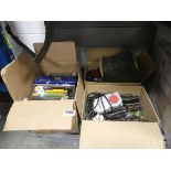 2 boxes of railway accessories and a box of diecast cars