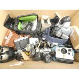 +VAT Box containing vintage film cameras, Polaroid camera, camcorders, camera accessories,