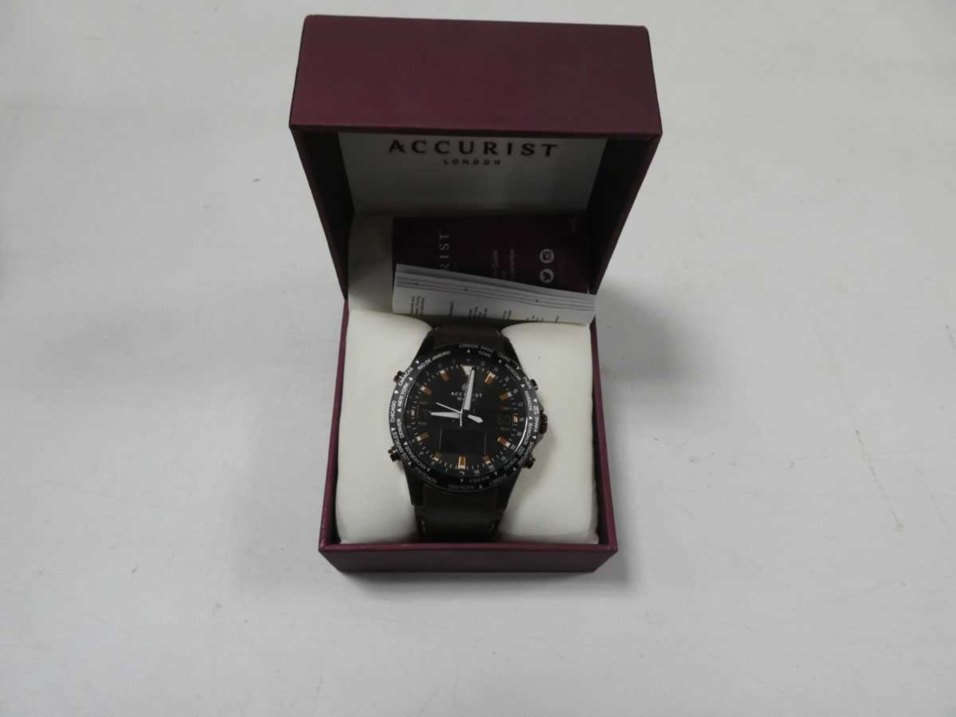 Accurist mens wristwatch with black face and brown strap