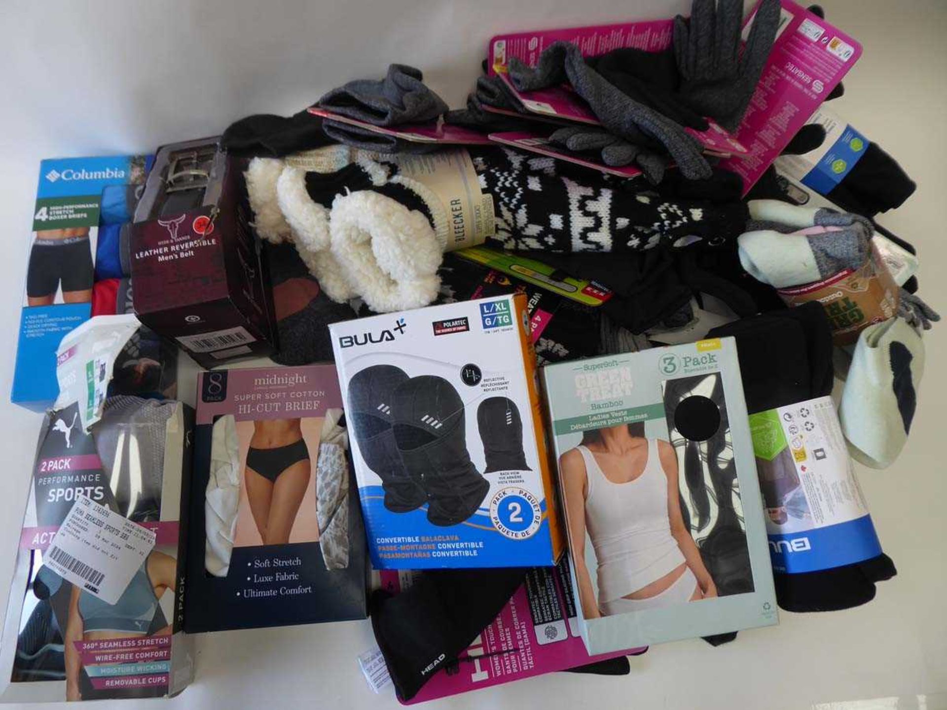 +VAT Quantity of accessories to include gloves, mens boxers, ladies sports bras, balaclavas, belts