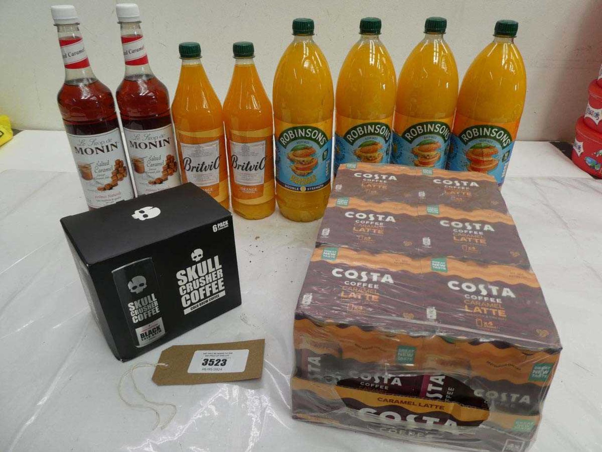 +VAT Costa Coffee caramel latte drinks, Skull Crusher coffee drinks, Britvi C & Robinsons orange