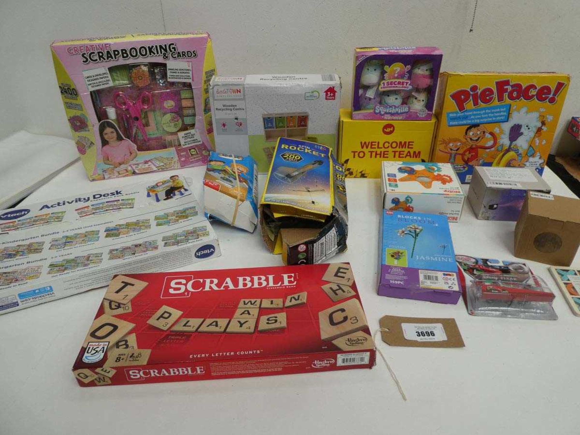 +VAT Scrabble, Activity Desk, Squishville figures, Pie Face!, Wooden recycling centre, Creative