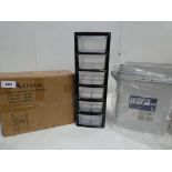 +VAT Flat pack bedside shelf unit, Plastic 6 drawer tower unit and set of 2 waste bins
