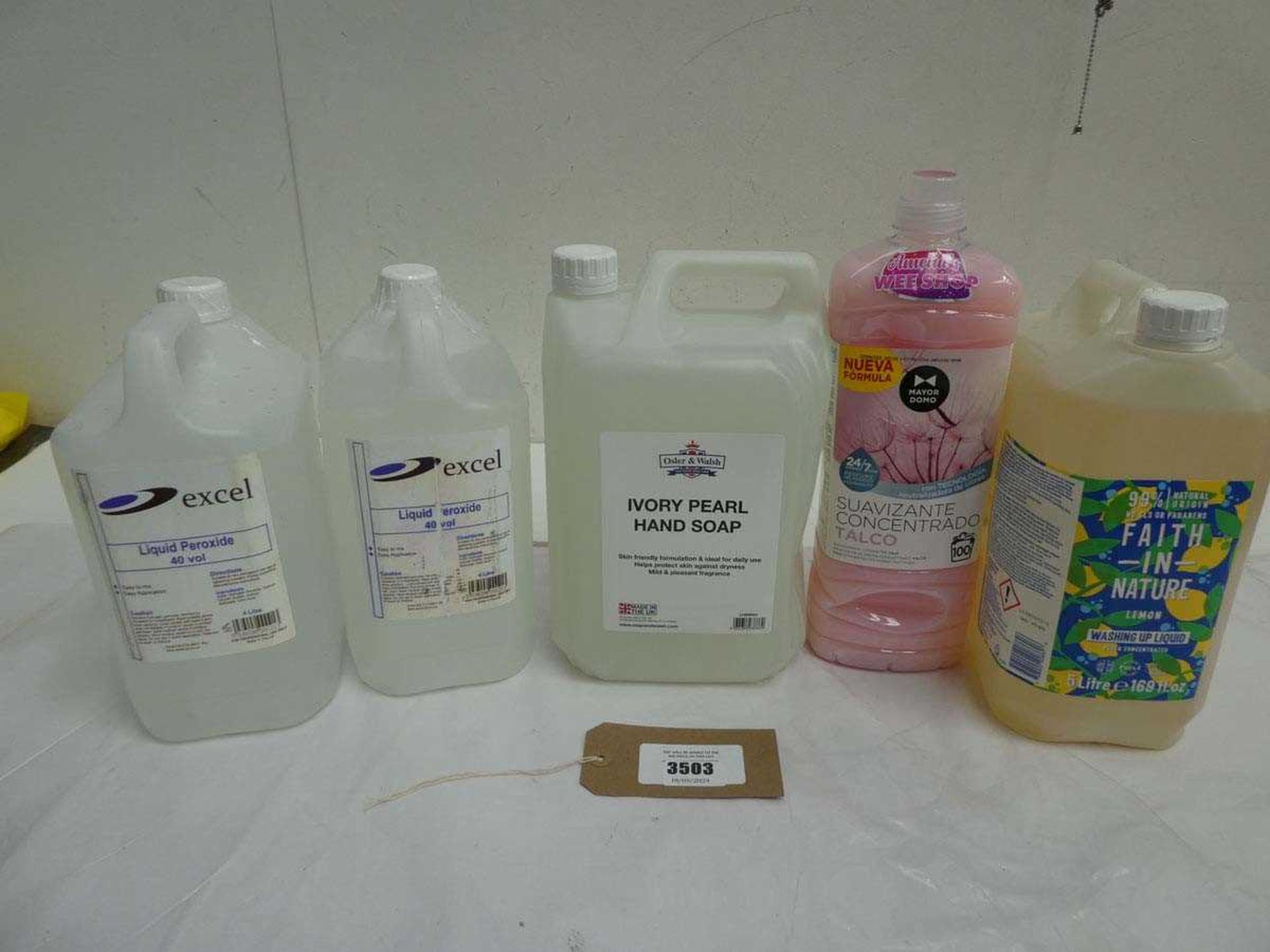 +VAT 2 x 4L Excel Liquid Peroxide, 5L Ivory Pearl hand soap, 5L Faith In nature washing Up liquid