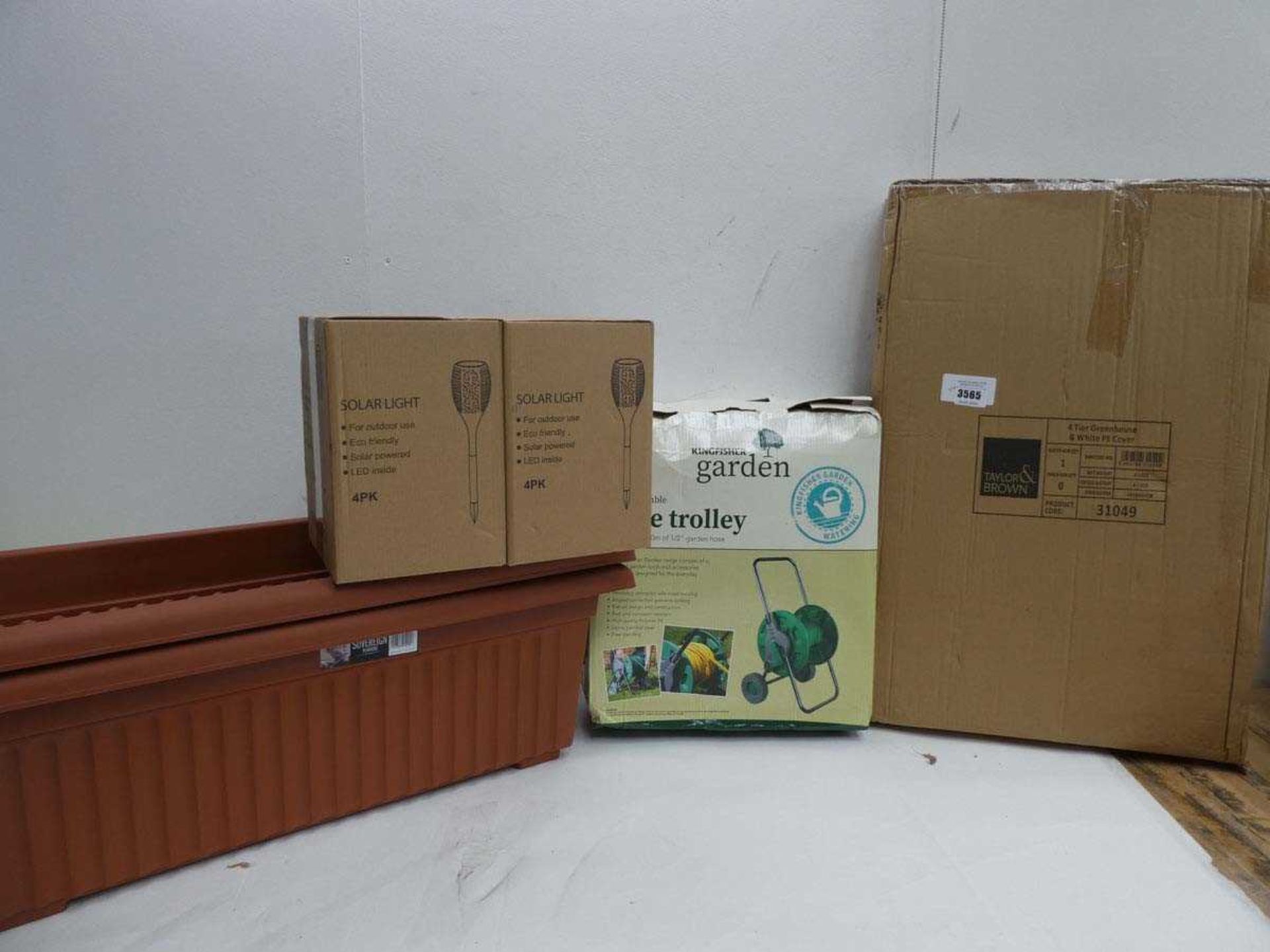 +VAT 4 tier garden greenhouse cover, 2 oblong planters, hose trolley and 2 packs of 4 solar lights