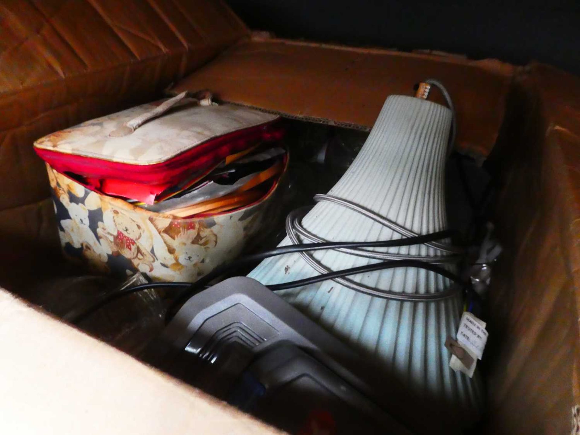 Basket containing rugs, walking sticks, plus box of various housewares - Image 2 of 2