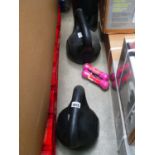 2 kettle bells, yoga mat, and 2 small weights