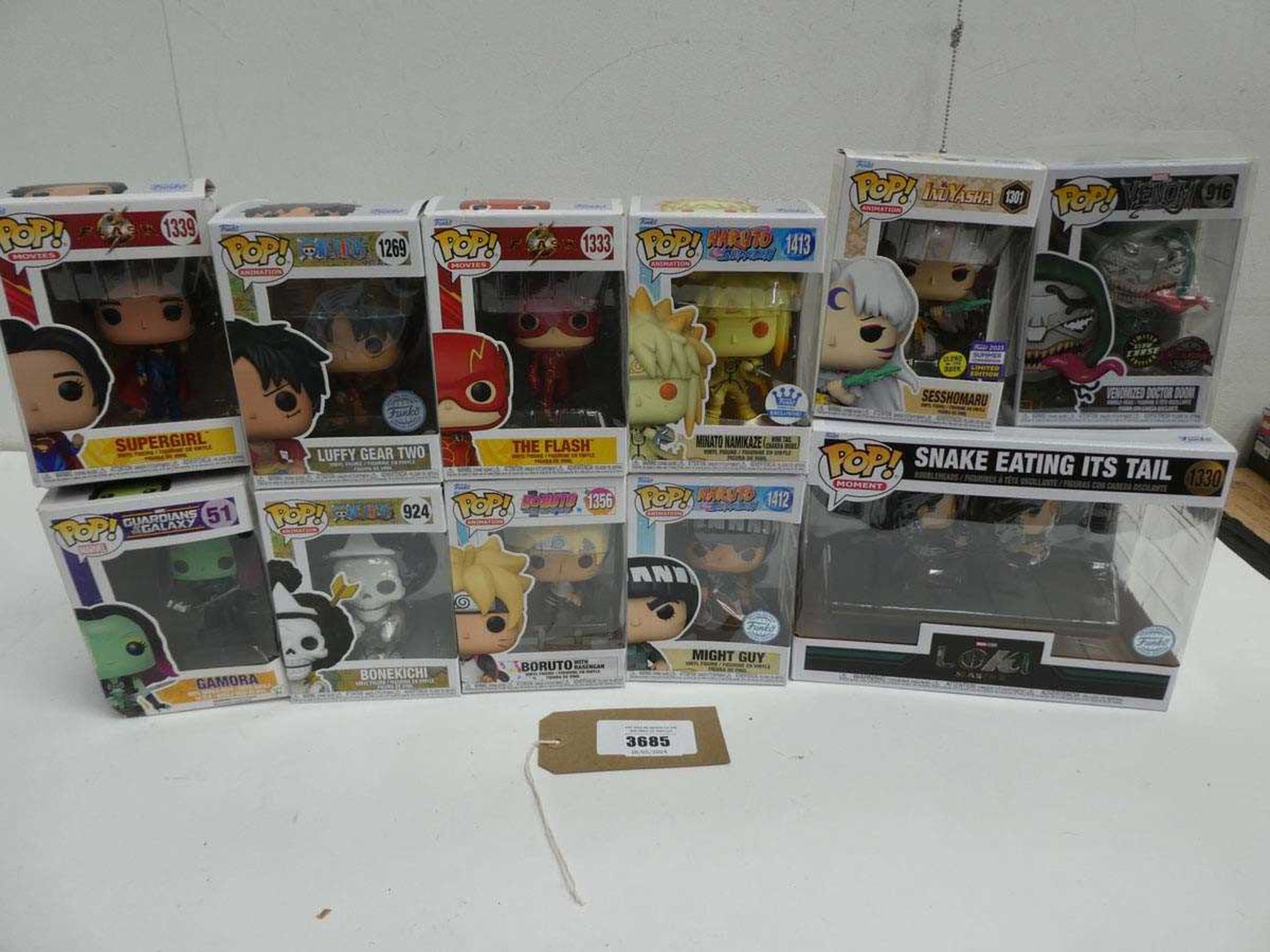 +VAT 11 Pop! vinyl collectable figures including Loki, The Flash, Luffy Gear Two, Seeshomaru etc