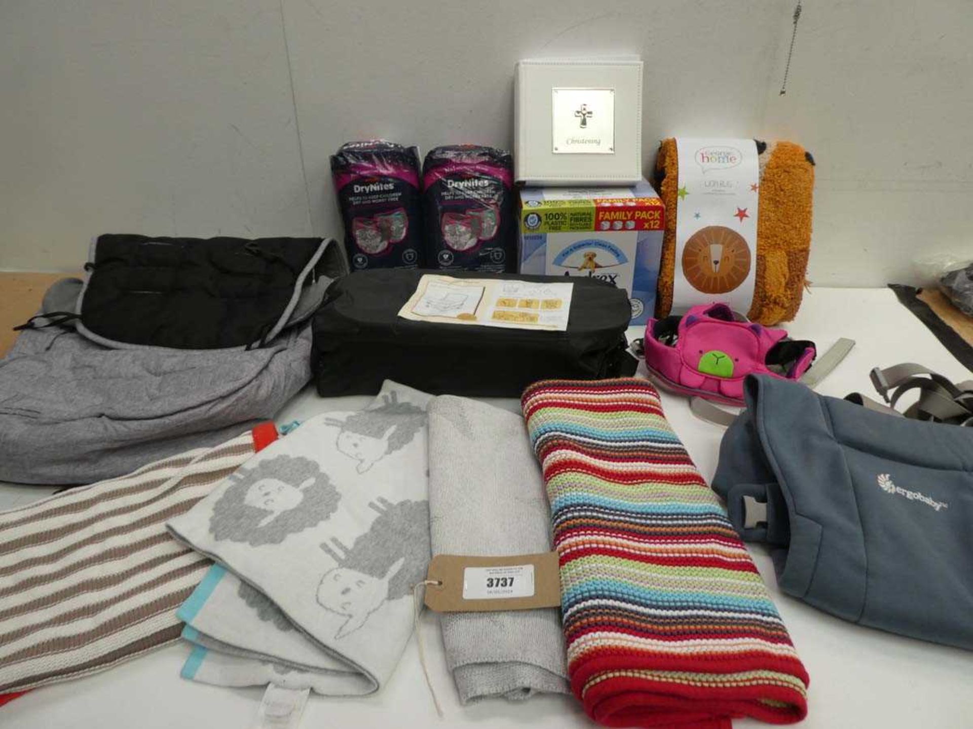 +VAT Ergobaby carrier, Cosytoes foot muff, Baby booster seat, Lion rug, baby blankets, Andrex wet