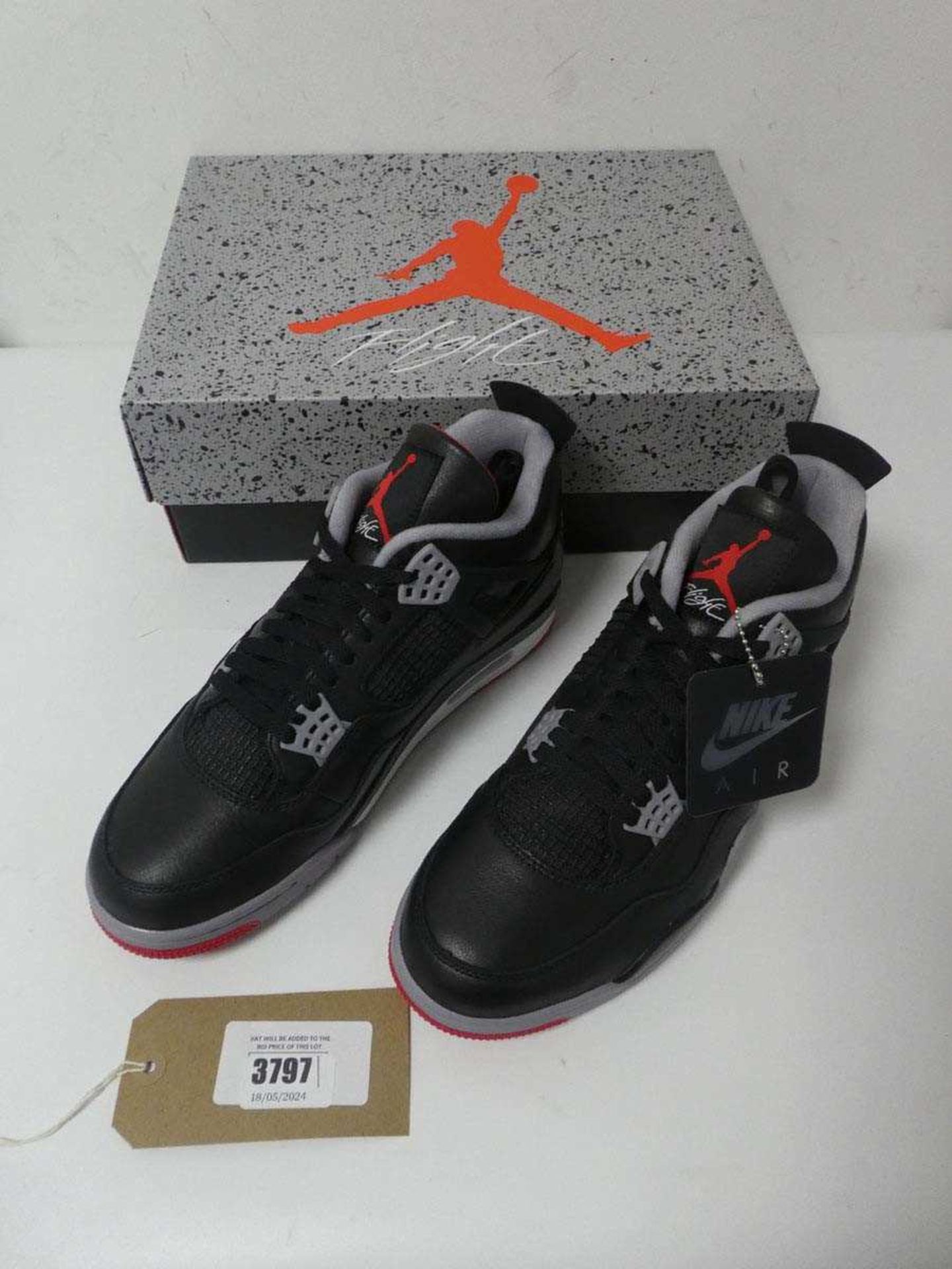 +VAT Boxed pair of Nike Air Jordan 4 trainers, black and red, UK 10