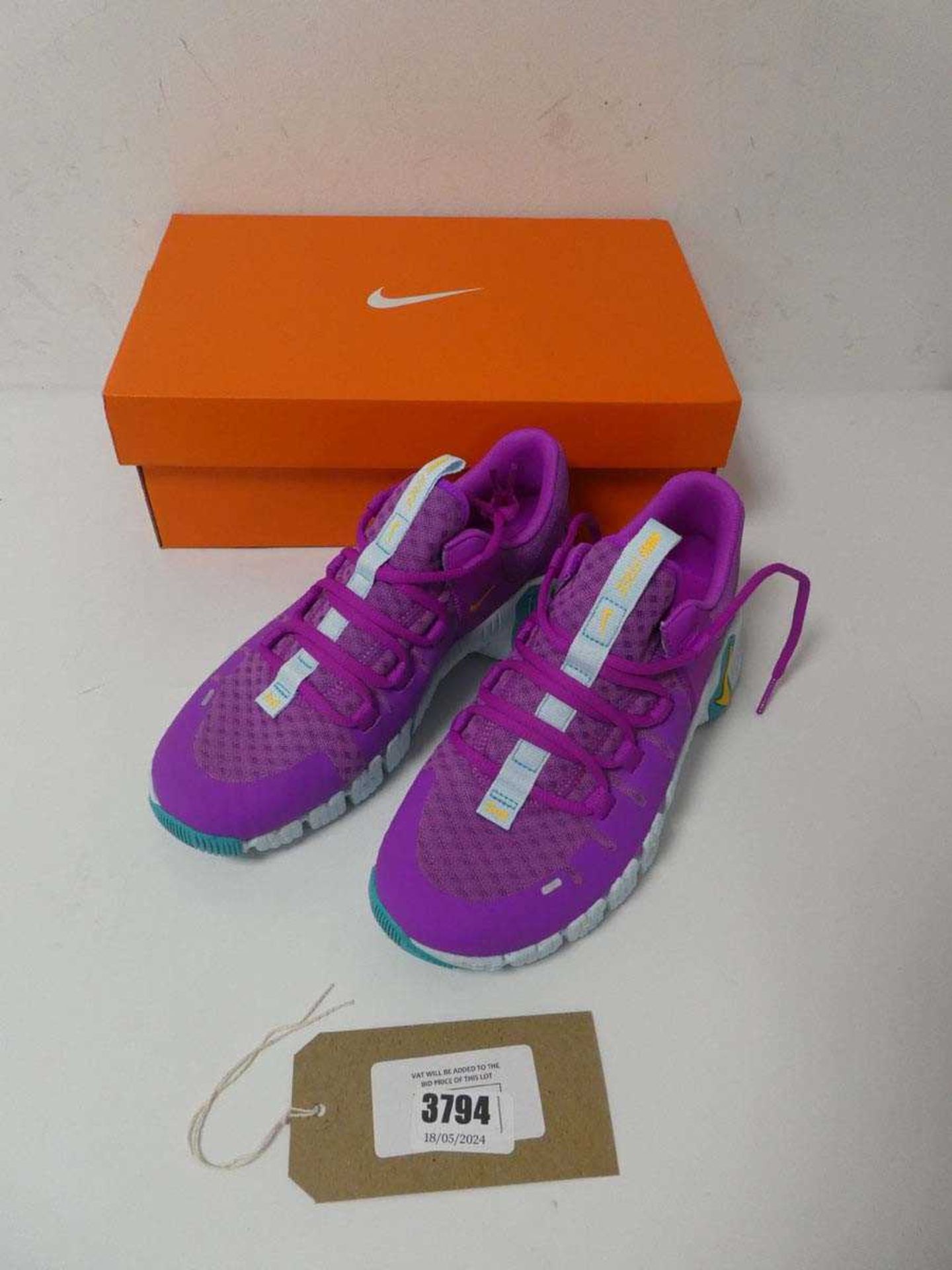 +VAT Boxed pair of Nike Free Metcon trainers, purple and blue, UK 5.5