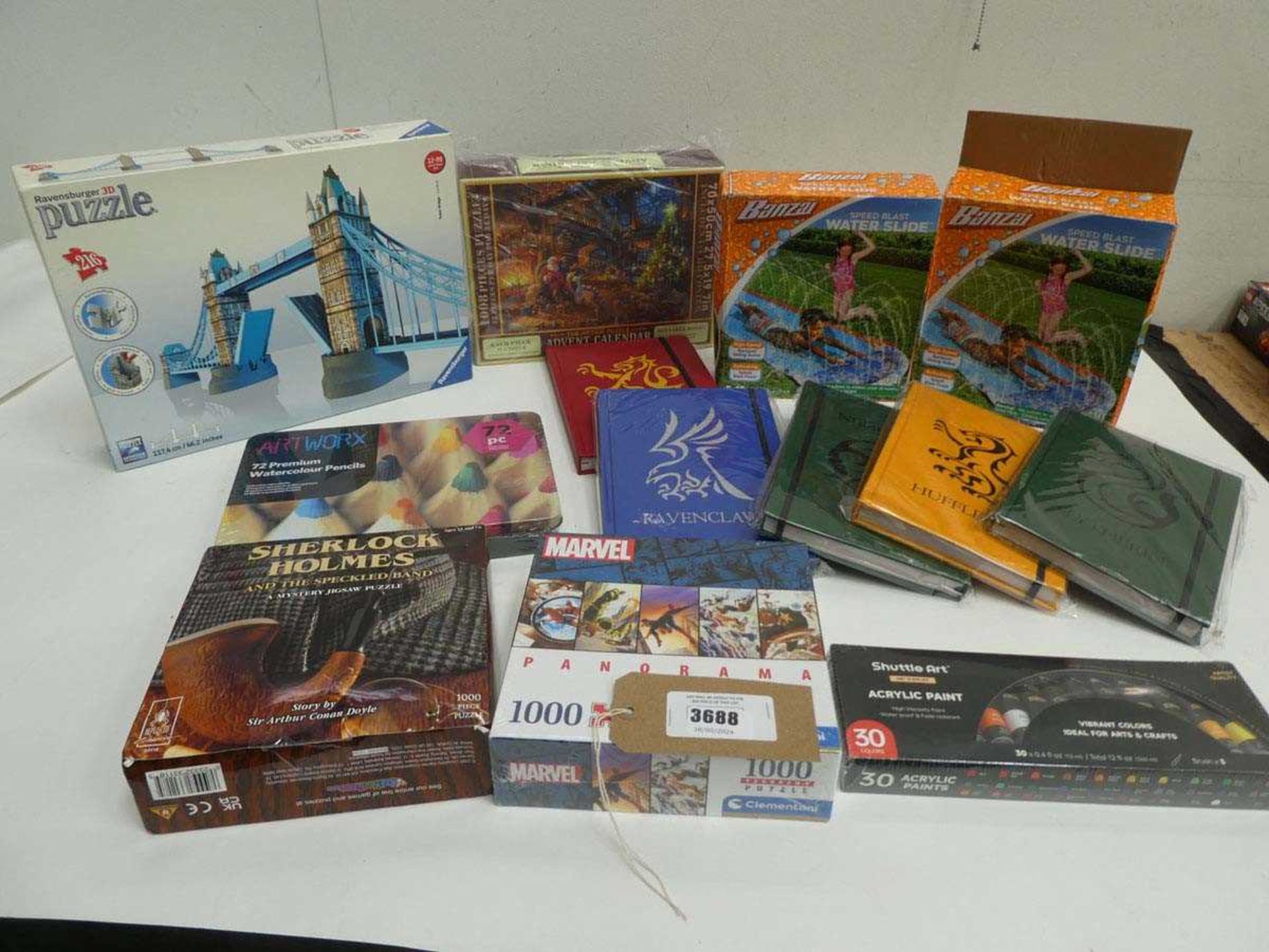 +VAT Jigsaws puzzles, note books, Water slides, water colour pencils, and acrylic paints