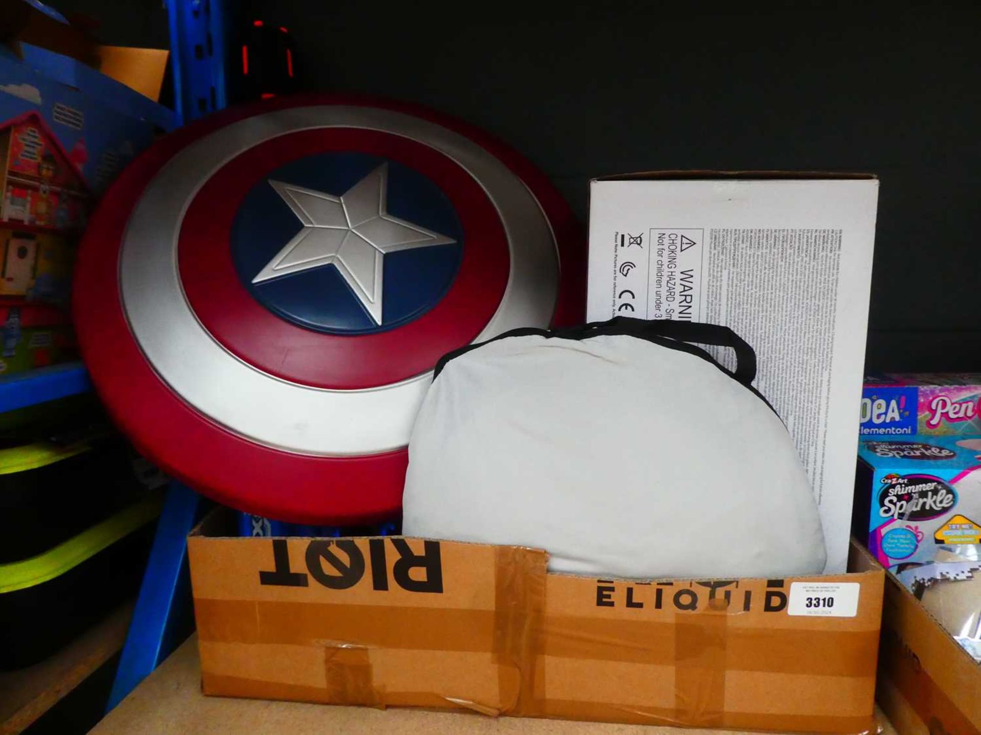 +VAT Box of mixed assorted toys, Captain America shield, rock climber etc.