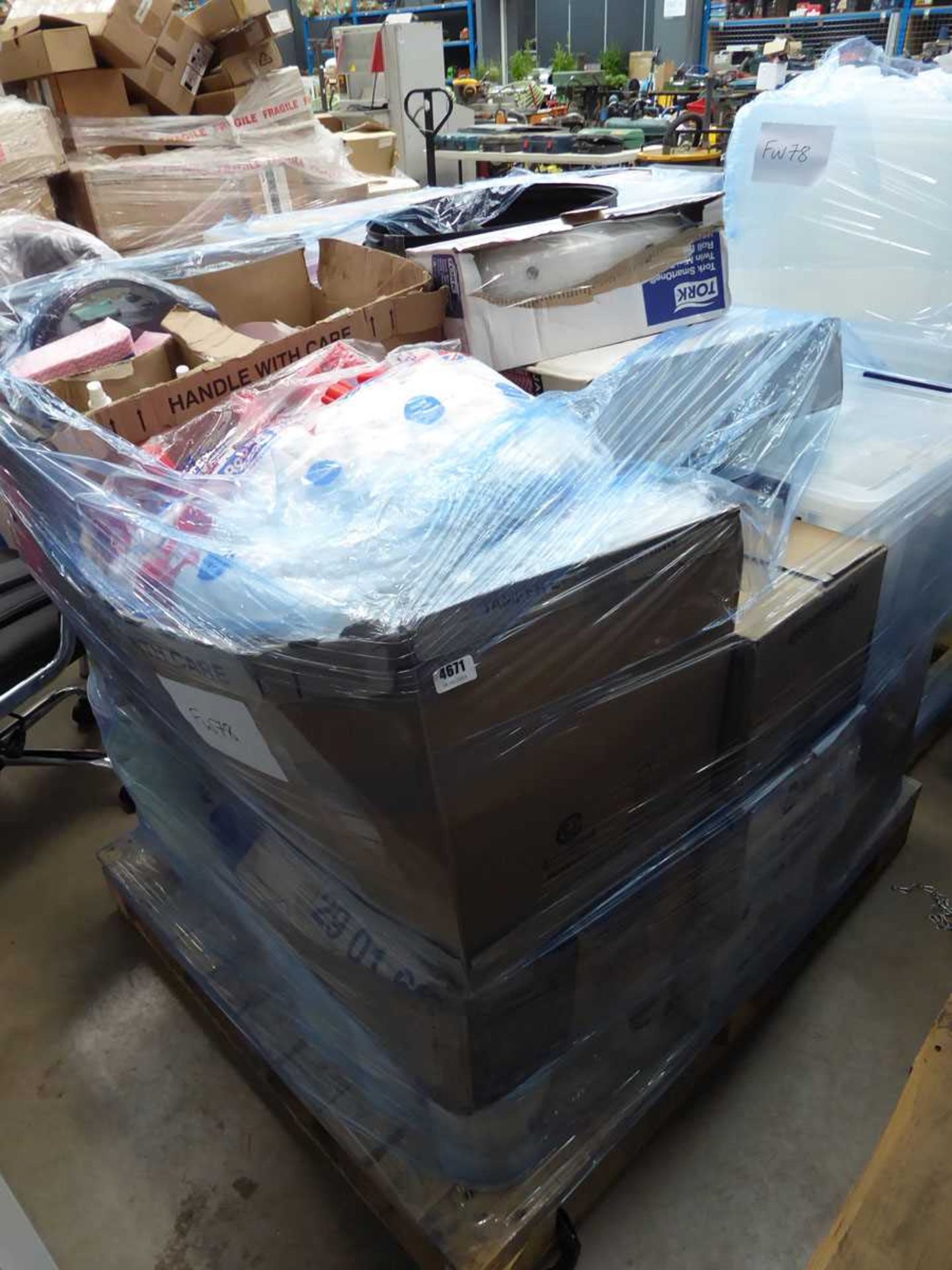 Pallet of office consumables inc. cloths, whiteboard cleaner, bins, mop heads etc.