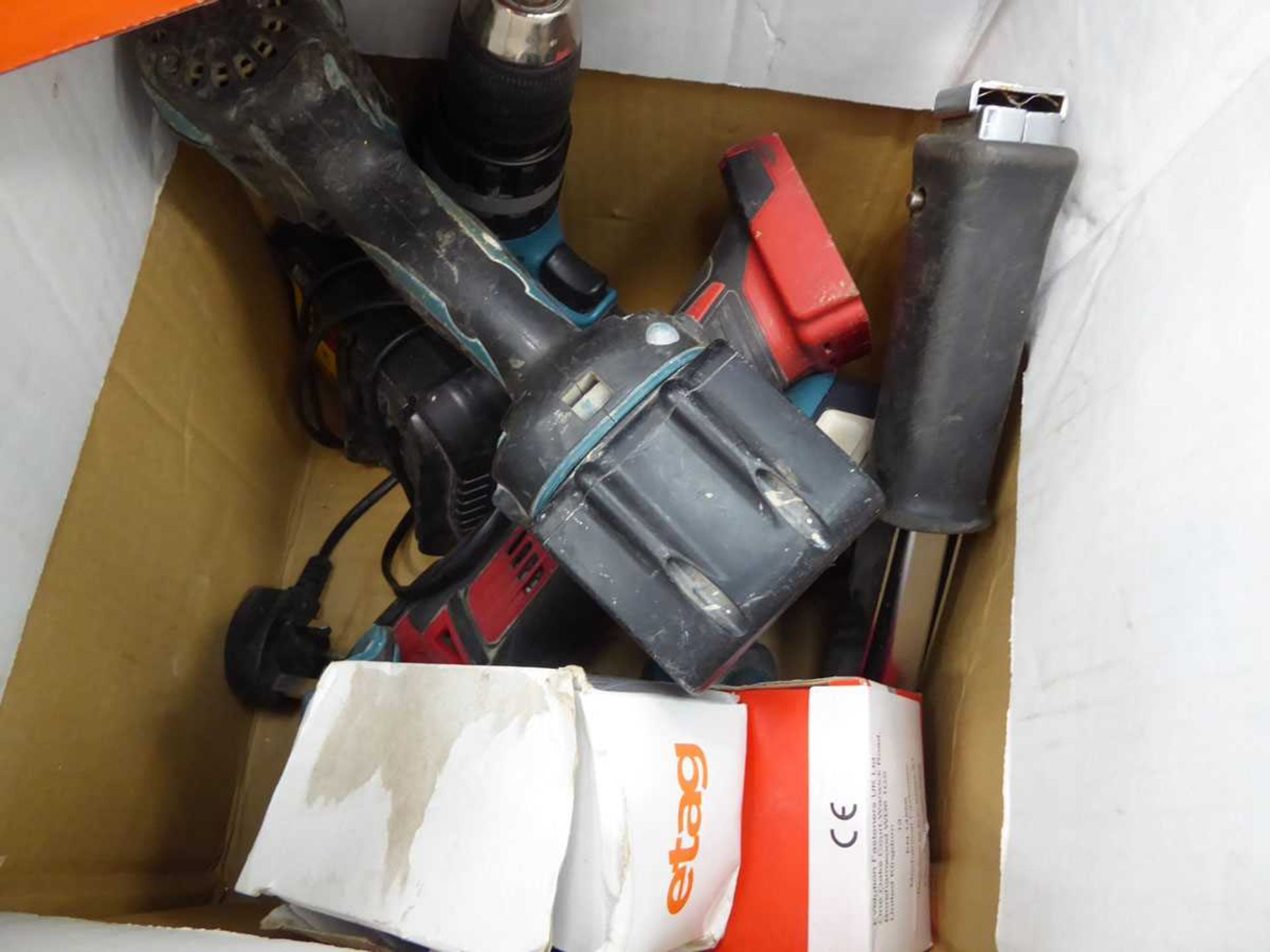 Box of assorted tools including Black+Decker drill, Makita impact drive drill, multi tool, etc - Image 2 of 2
