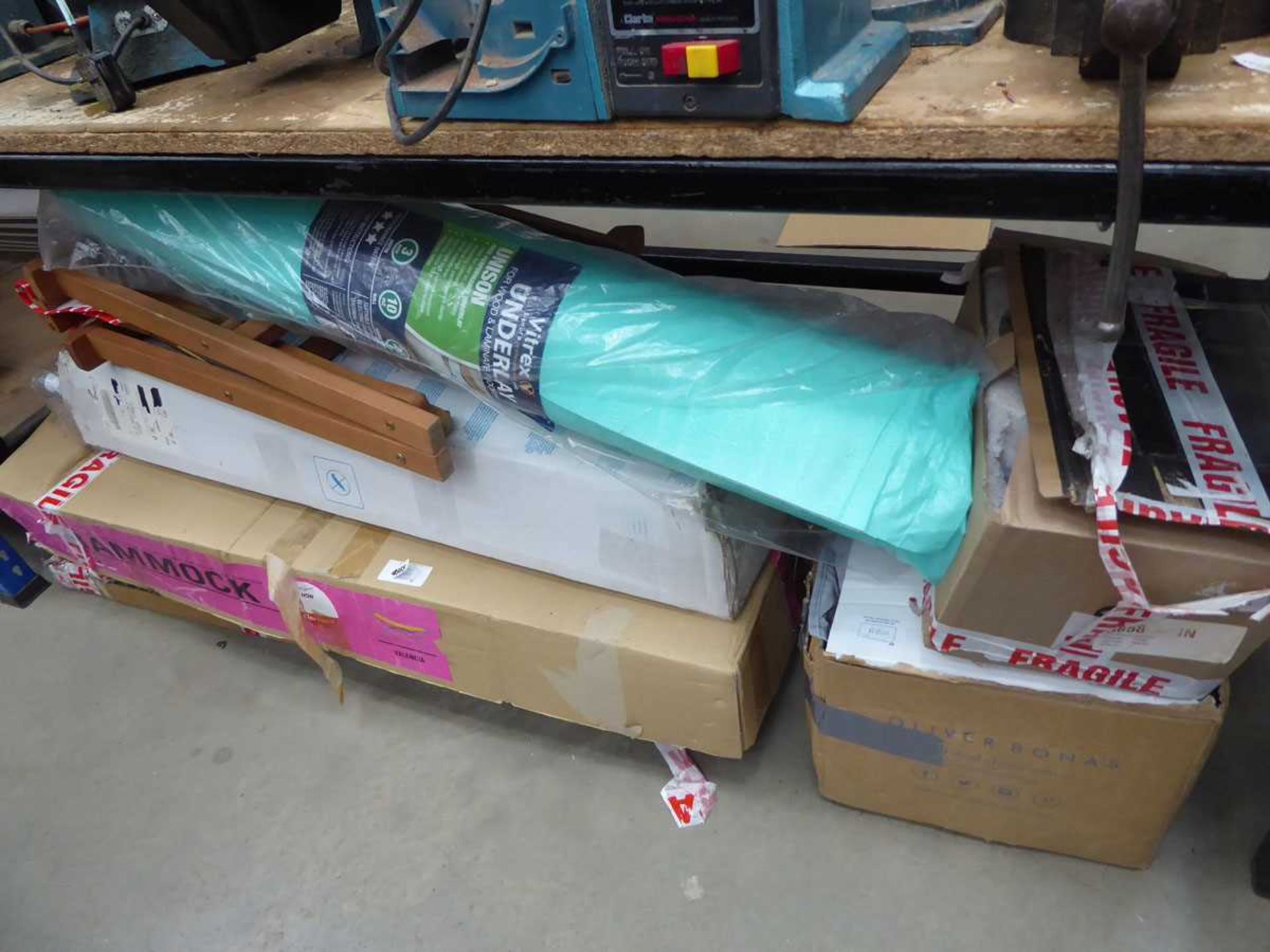 +VAT Large under bay containing laminate flooring underlay, chair parts, hammocks, swimming pool